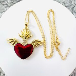 New 14K Gold Plated red/burgundy heart with wings 18” necklace.